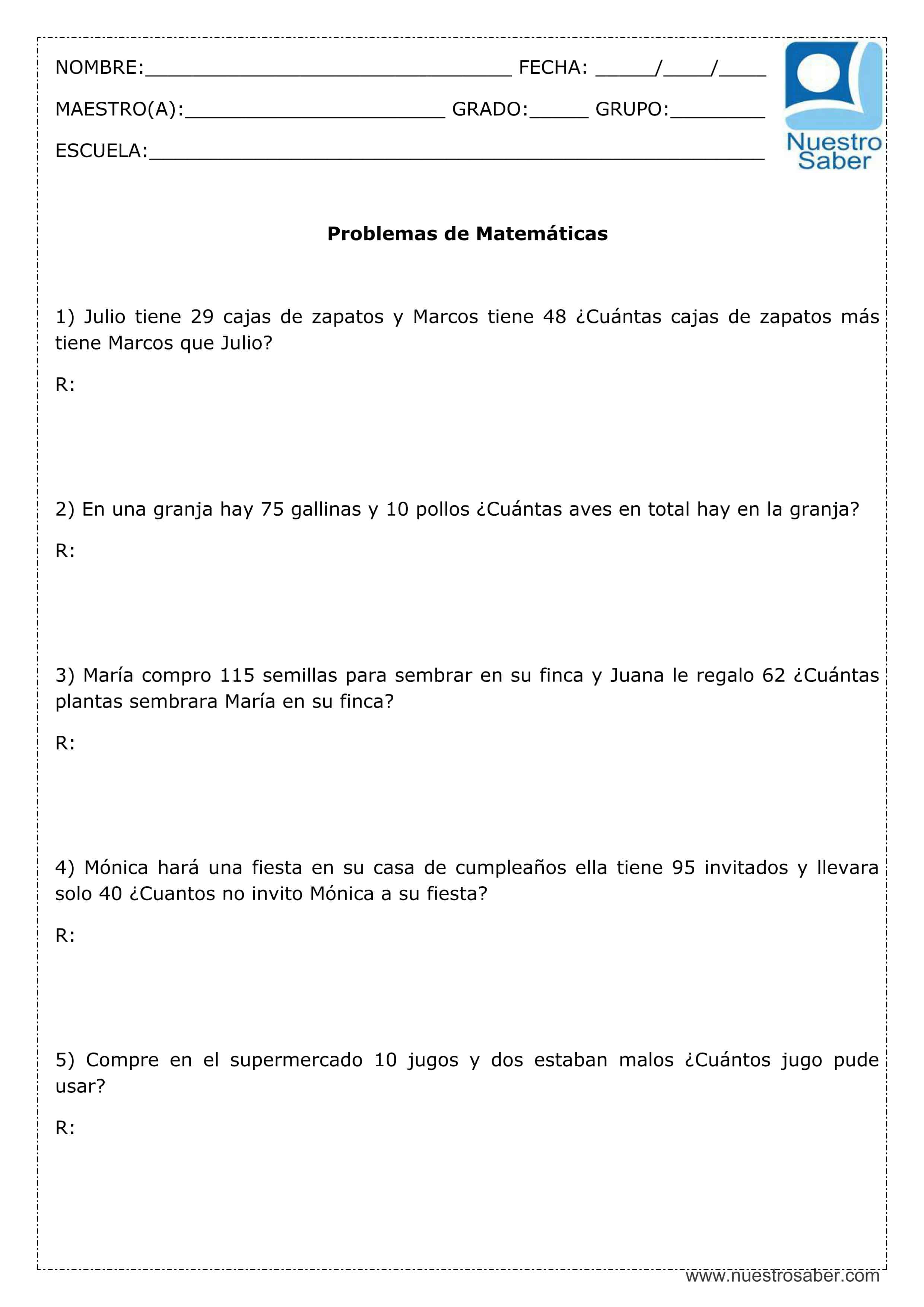 Problemas de Matemáticas: Suma y resta - Tercer grado primaria