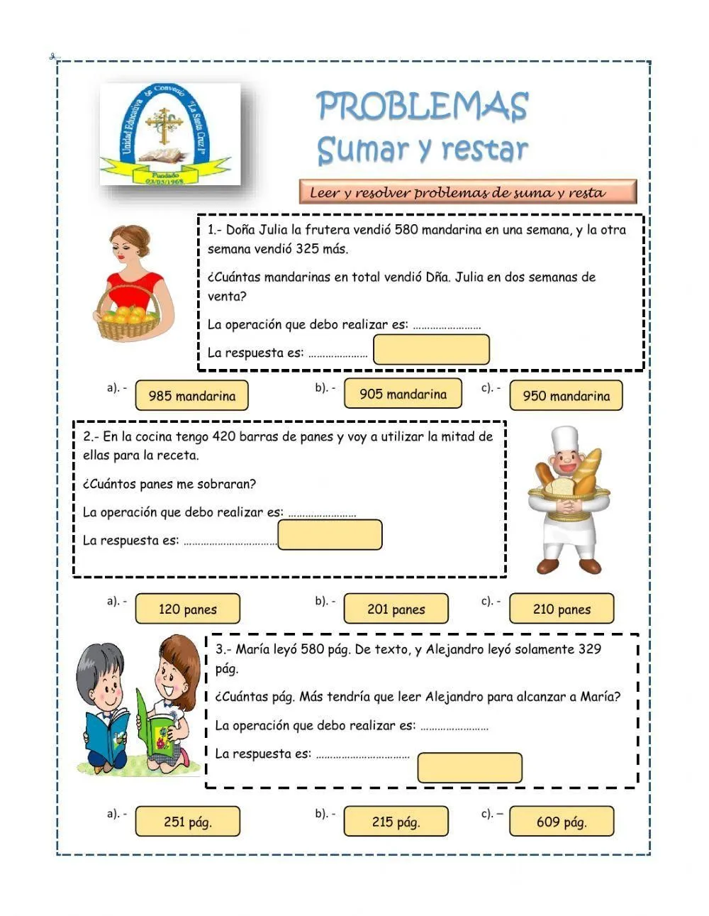 Problemas de suma y resta exercise | Live Worksheets