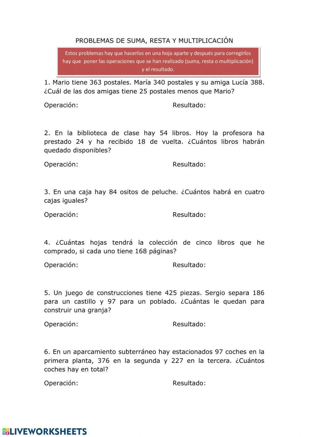 Problemas suma, resta y multiplicación worksheet | Live Worksheets