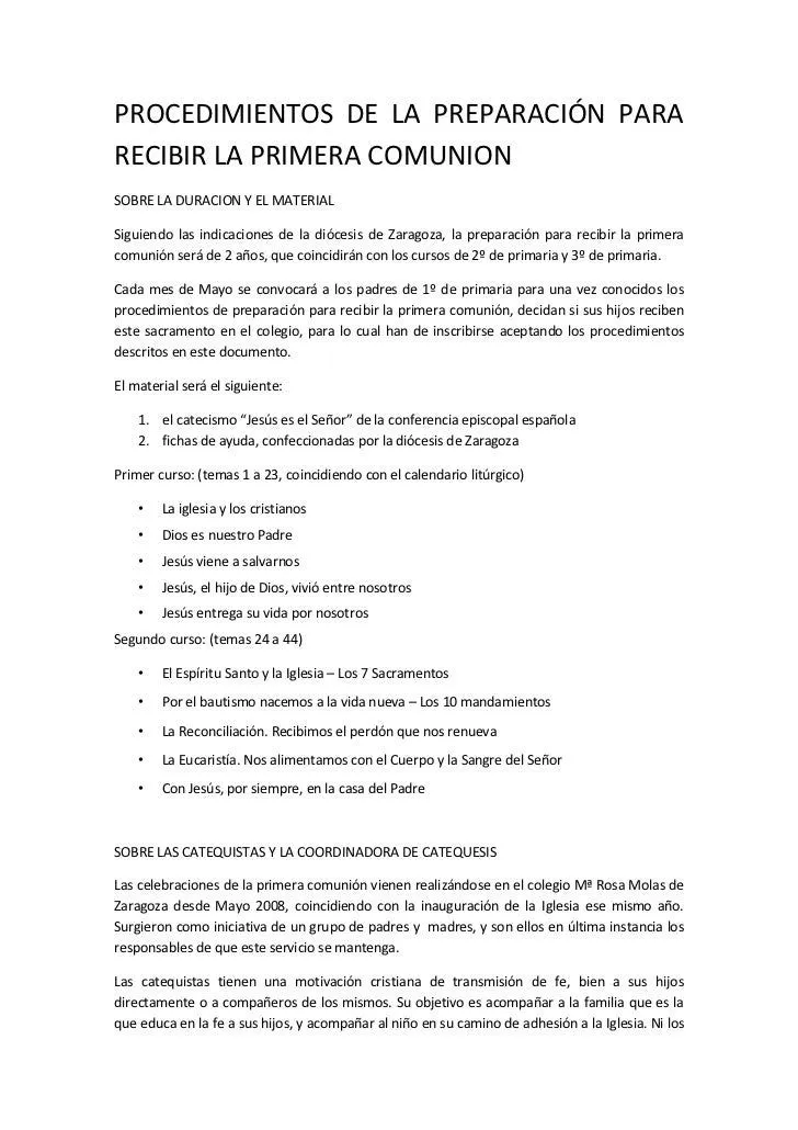 Procedimientos de la preparación para recibir la primera comunion