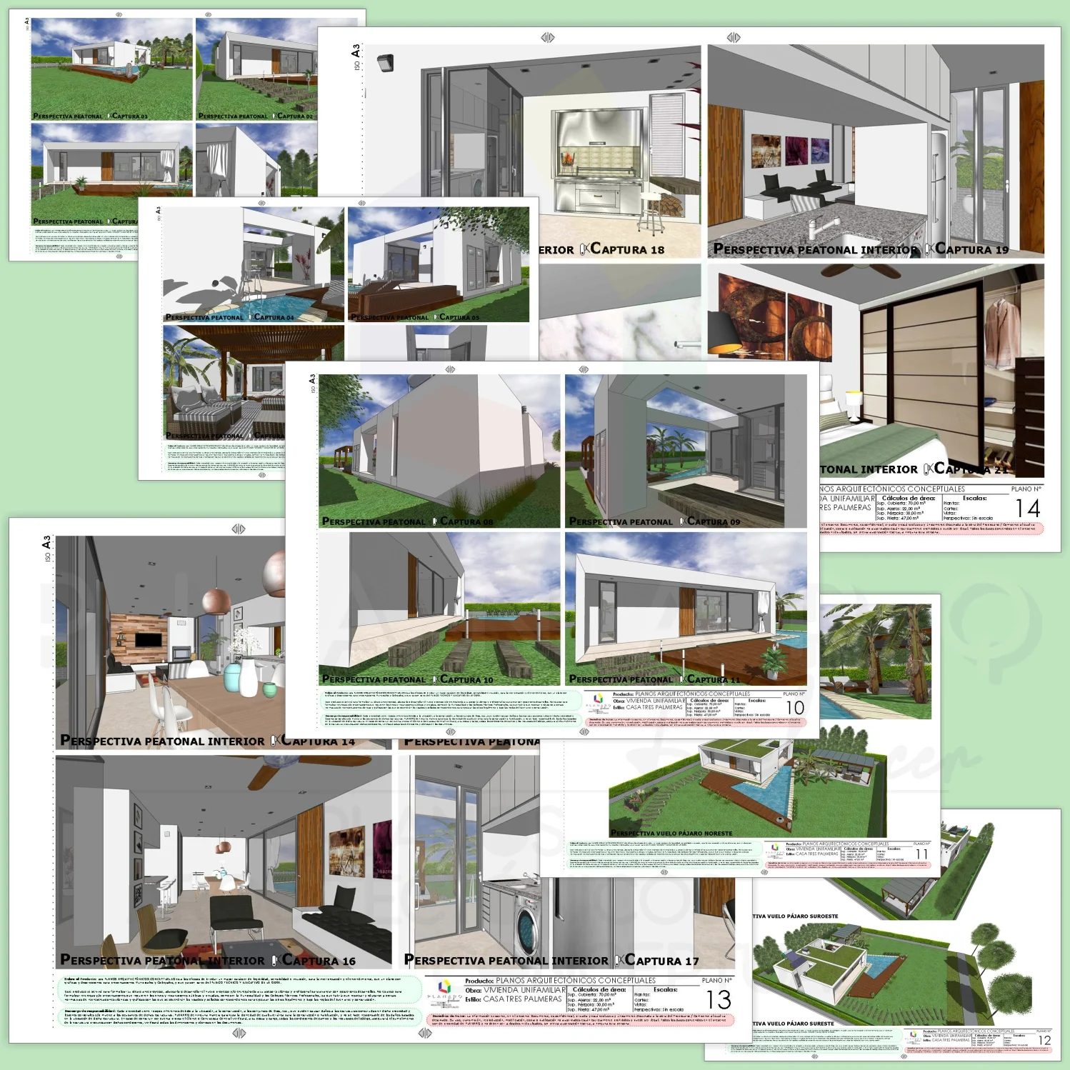 Producto Arquitectónico de Planos de Casa Unifamiliar Estilo Minimalista de  Una Planta, 1 dormitorio, 1 baño, 70 m², Pdf A3 Medidas Color | PLANARQ  Freelancer