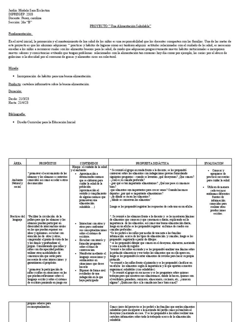 Proyecto Alimentacion Saludable Sala Roja 2023 | PDF | Alimentos |  Evaluación