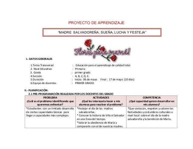 Proyecto de aprendizaje del dia de la madre