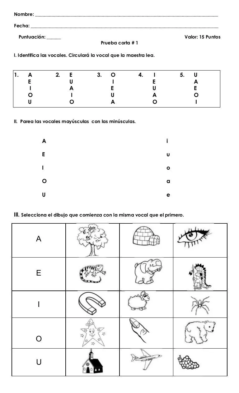 Prueba corta de las vocales | Primeros grados, Vocal e, Prueba de lenguaje