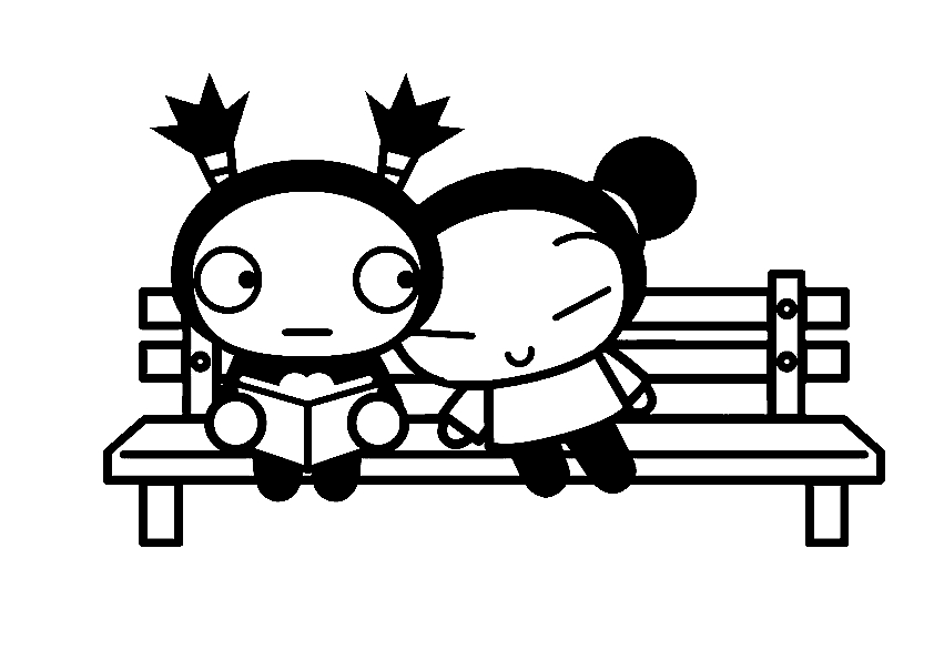 Pucca y Garu sentados en un banco