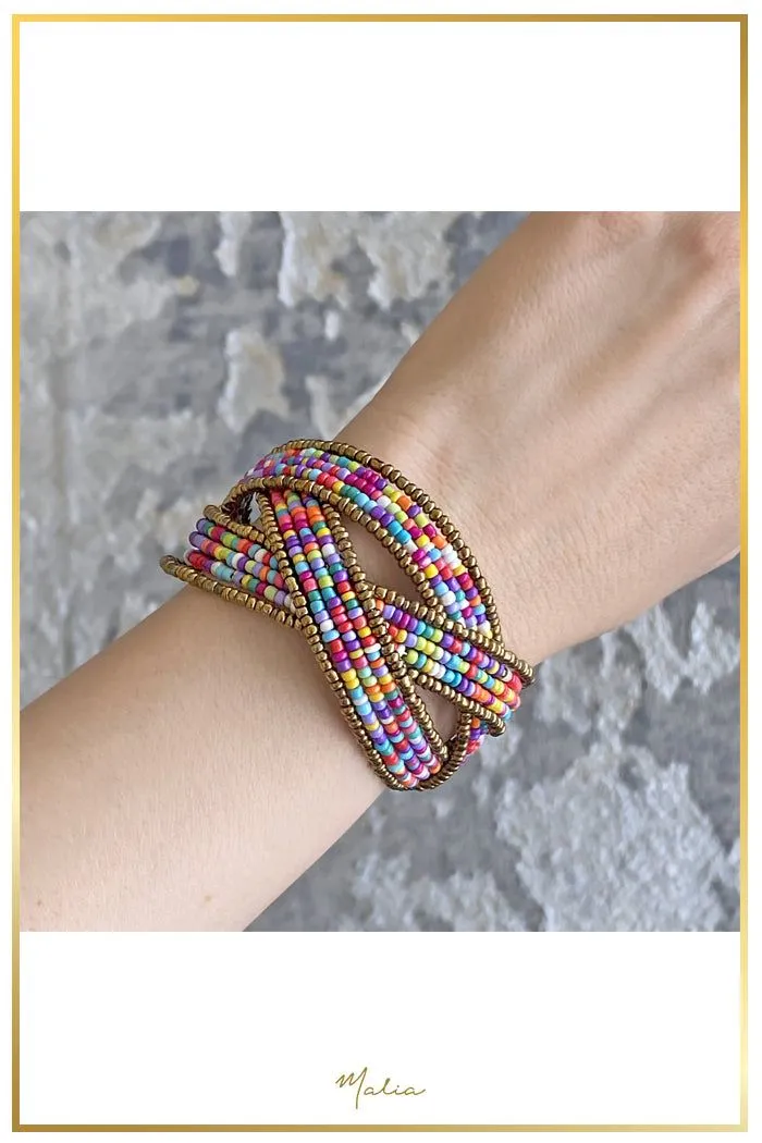 Pulsera Cuff Chaquiras Multicolor con Dorado