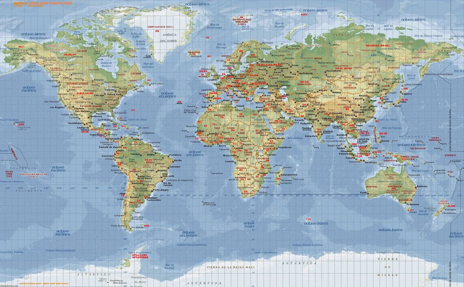 Radioaficionados Mapamundi Indicativos de radioaficionados por países