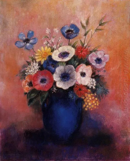 Ramo de flores en un florero azul 1 - Pintura al óleo