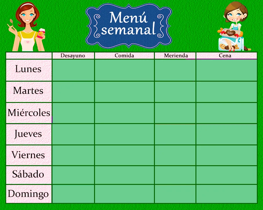 Recursos infantiles: Tablas de menú semanal