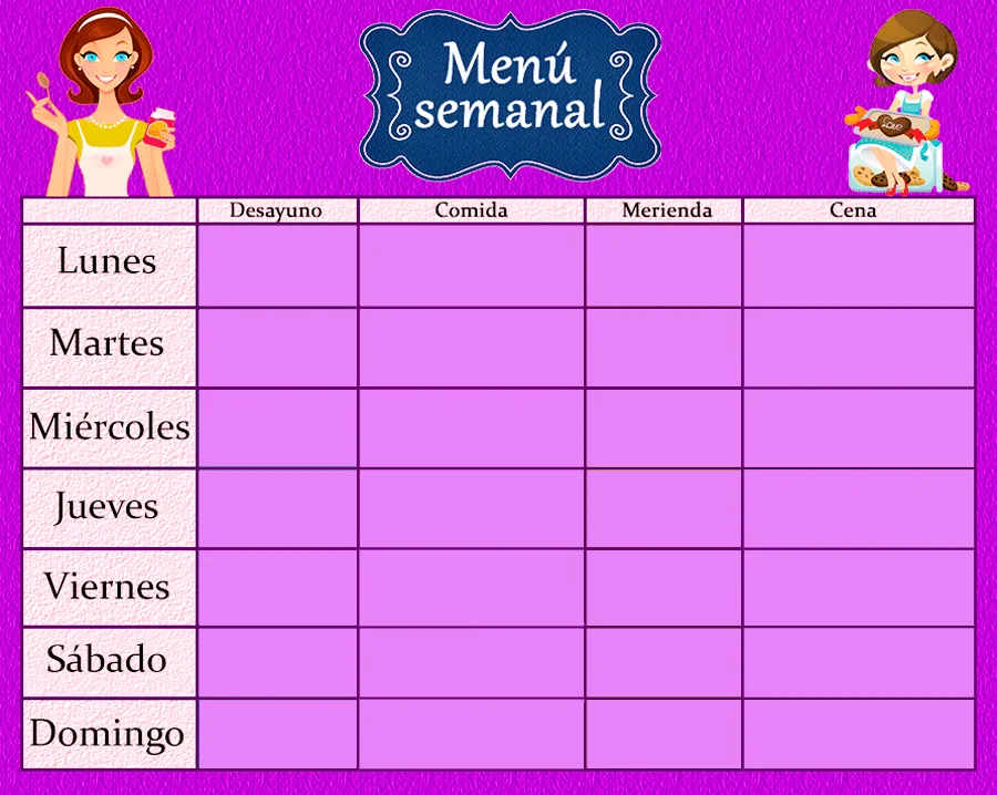 Recursos infantiles: Tablas de menú semanal