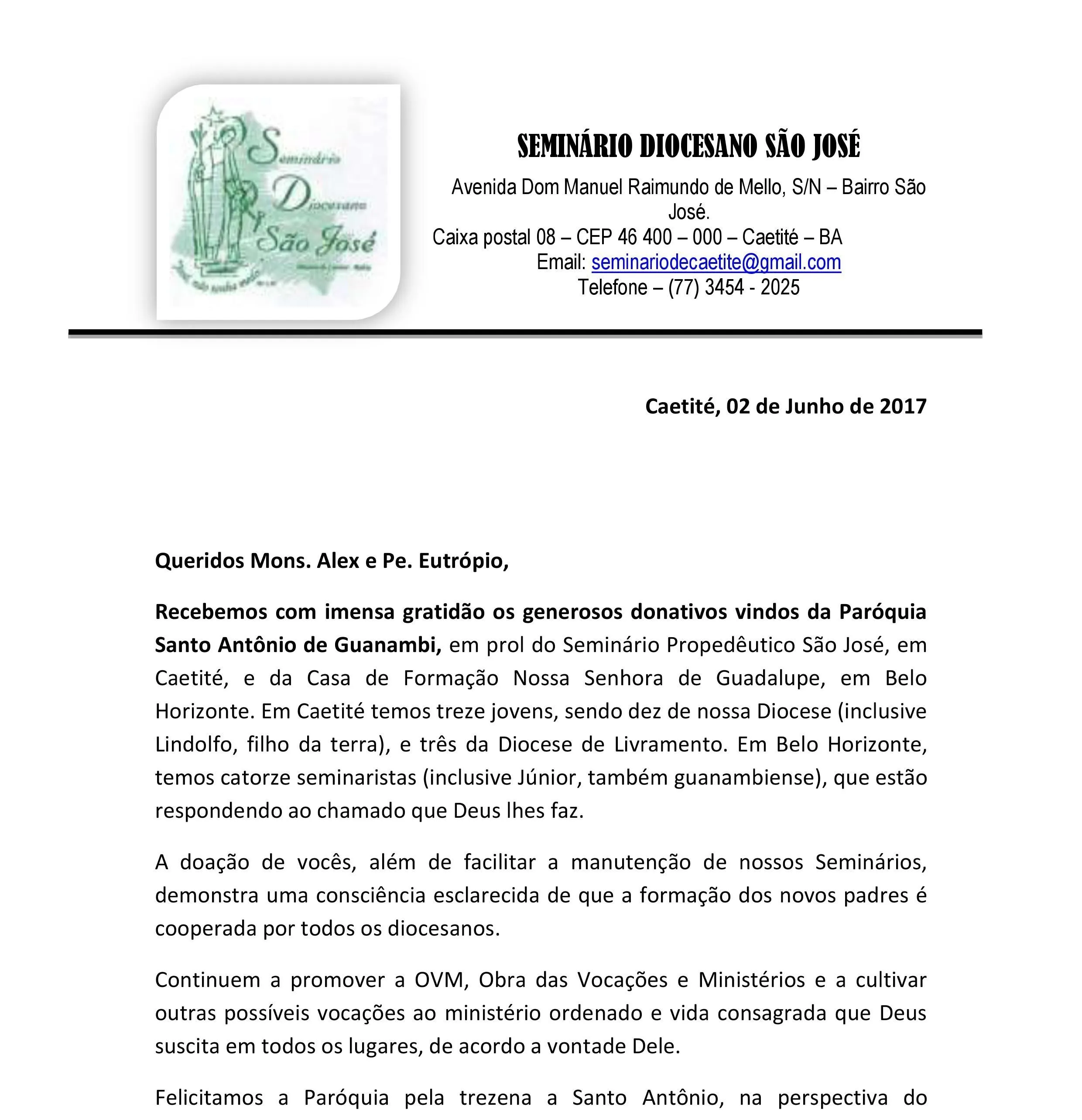 Reitor do seminário envia mensagem de agradecimento aos paroquianos de  Guanambi – Paróquia Santo Antônio – Guanambi – BA