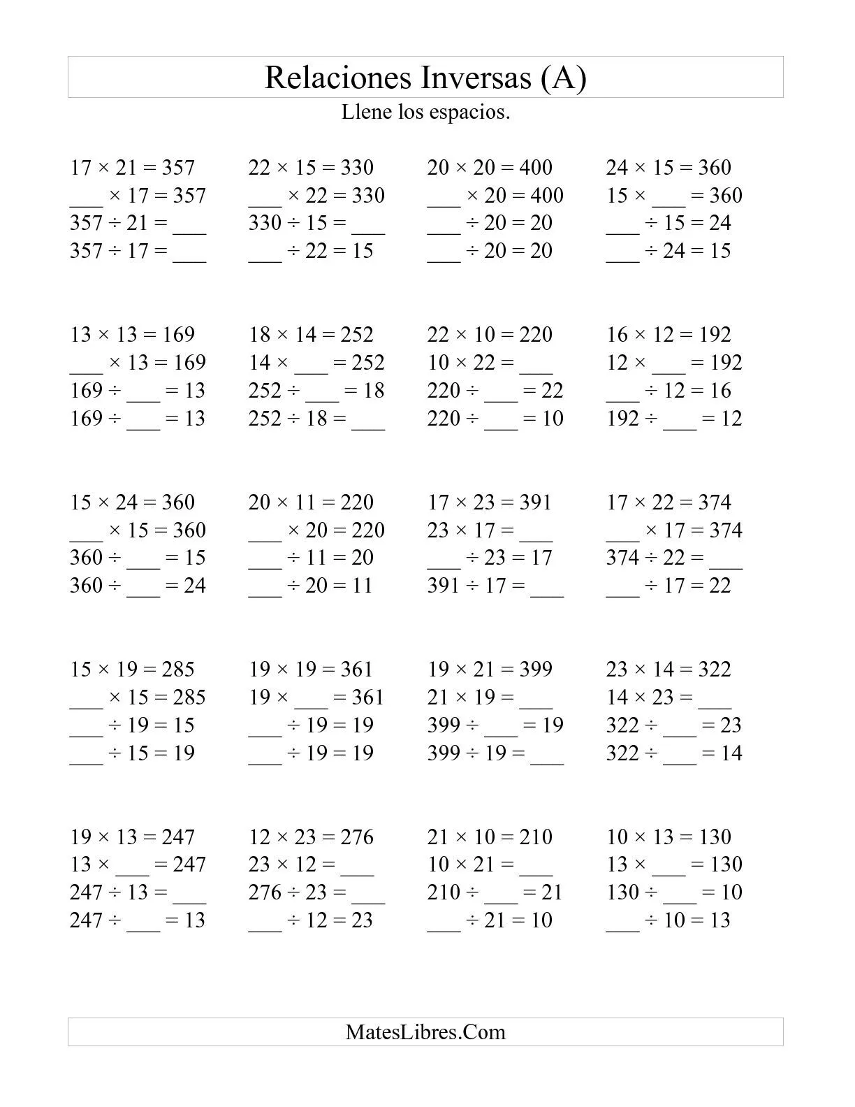 Relaciones Inversas, Multiplicación y División de 10 a 25 (A ...