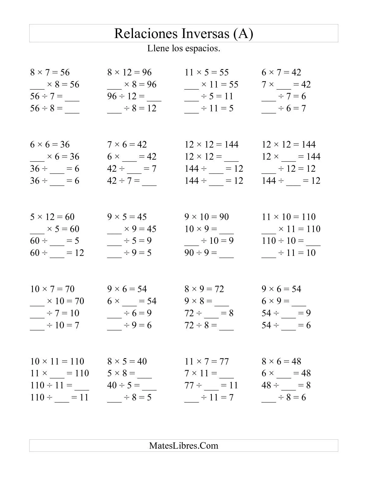 Relaciones Inversas, Multiplicación y División de 5 a 12 (A) Hojas ...