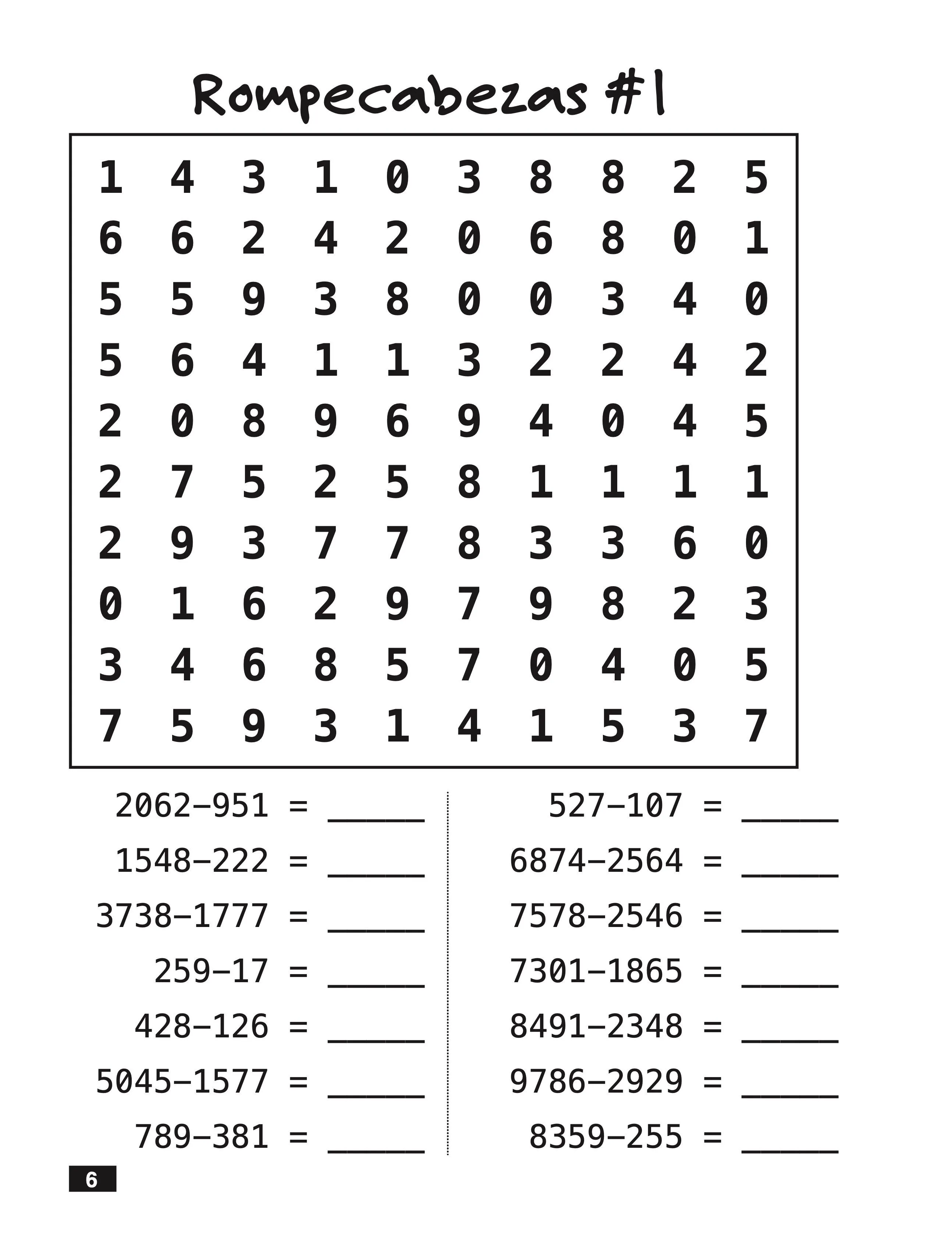 Resta y Busca: Matemática Divertida: Sopa de Números para Niños [PDF]