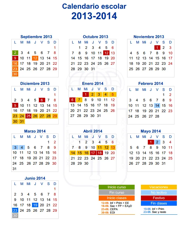 El Rincón del Cole: Calendario Escolar curso 2013-