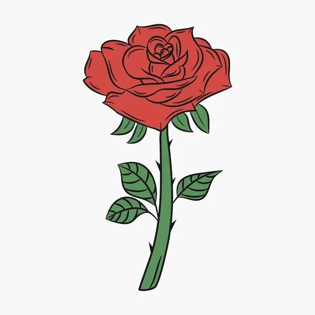 Rosa, flor con tallo y espinas. brote con pétalos rojos y hojas verdes. ilustración vectorial. | Vector Premium