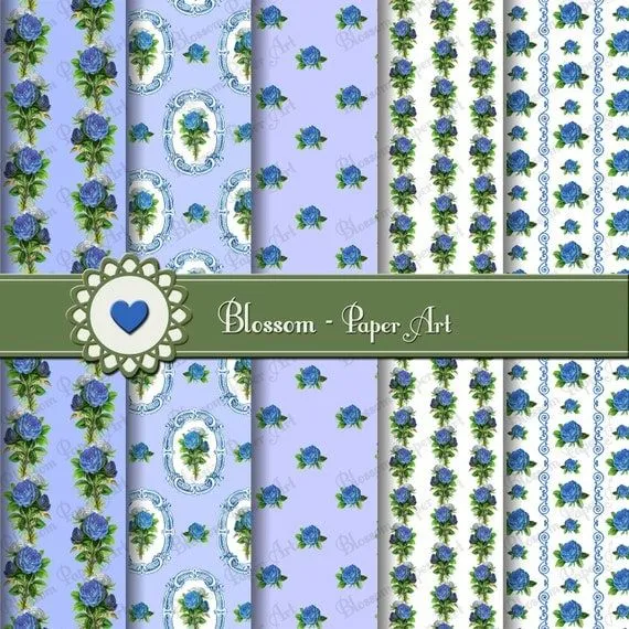 Rosas Azules Shabby Chic Papel Decorativo por blossompaperart