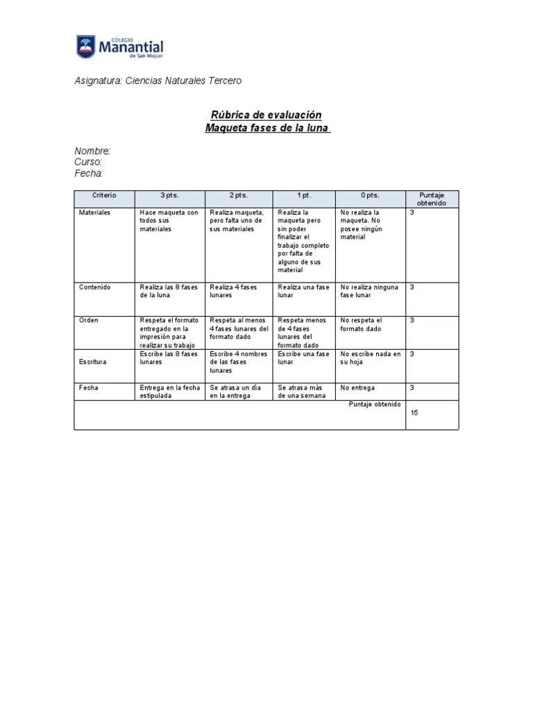 Rúbrica Ciencias Naturales Tercero Las Fases de La Luna | PDF