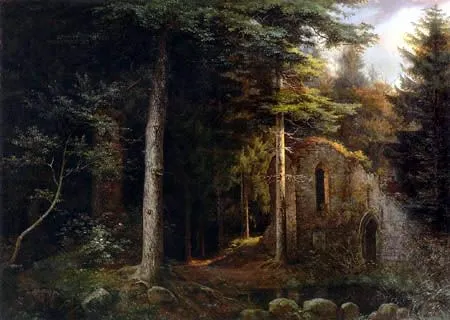 Ruina de la iglesia gótica en el bosque - Ernst Ferdinand Oehme ...