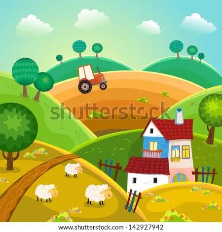 Rural Landscape With Hills, House And Tractor. Vector. - 142927942 ...