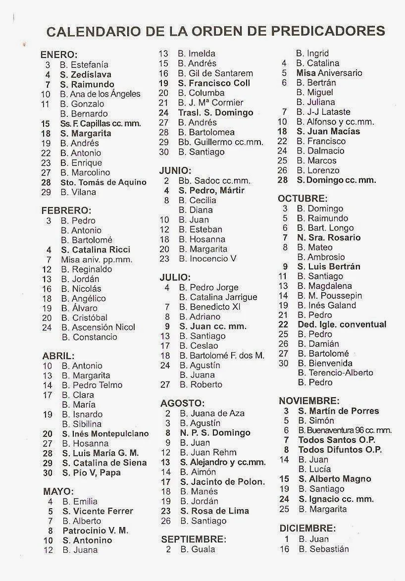 Santoral Dominicano: Calendario Liturgico de la Orden de ...