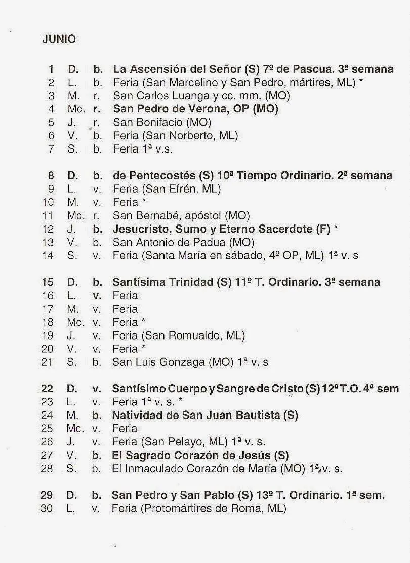 Santoral Dominicano: Junio 2014, Calendario Dominicano