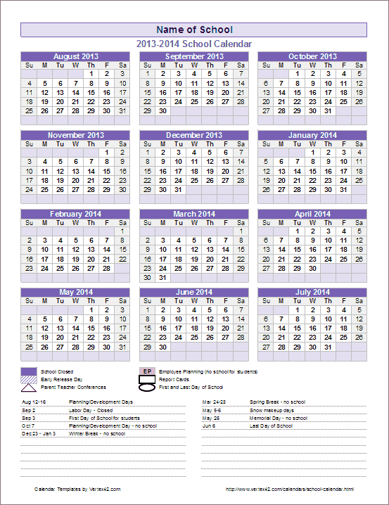 School Calendar Template - 2014-2015 School Year Calendar