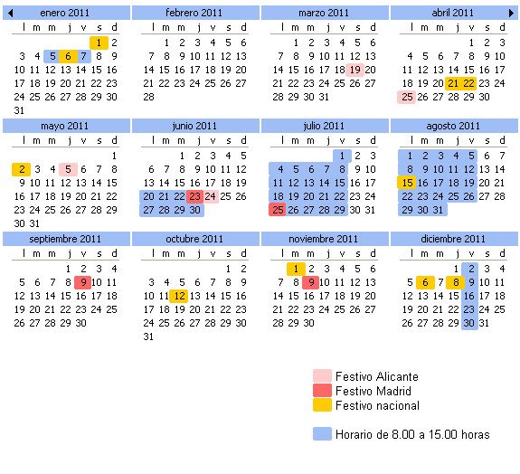 Servicios al usuario de CYPE Ingenieros. Calendario laboral, horarios.