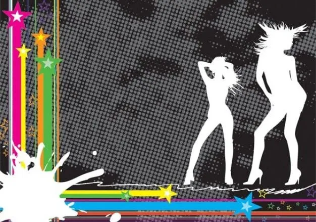 Silueta bailarina y líneas de estrellas sobre fondo punteado ...