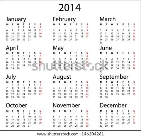 Simple Calendar. 2014 Calendar Template On White. Monday Start ...