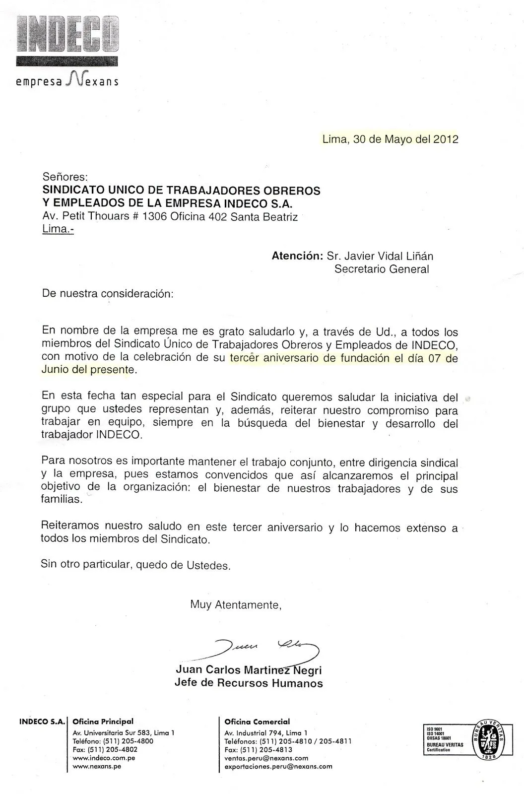 SINDICATO UNICO DE TRABAJADORES OBREROS Y EMPLEADOS DE INDECO S.A ...