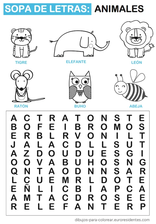 Sopa de letras de animales - Manualidades