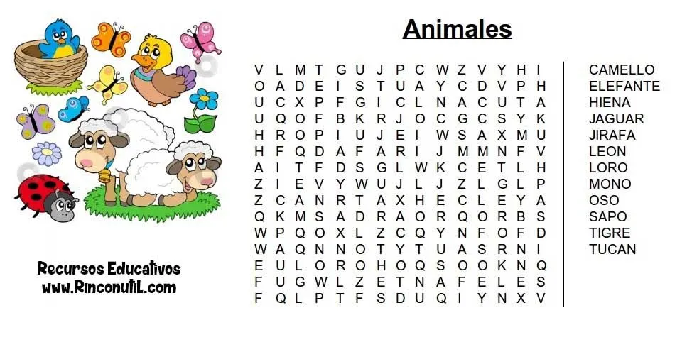 Sopa de letras de Animales para niños