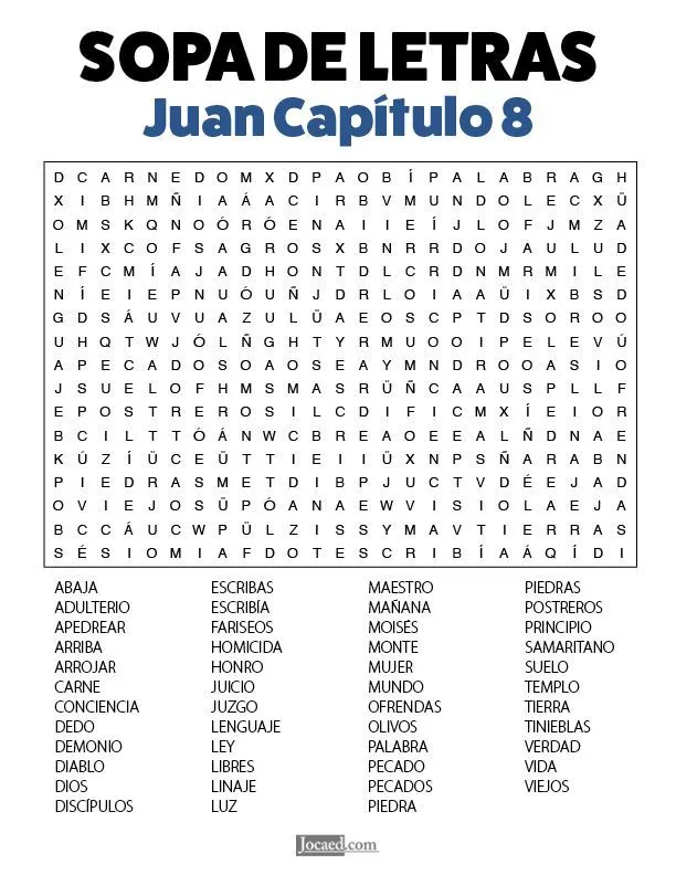 Sopa de Letras de la Biblia Gratis: Juan Capítulo 8 | Sopa de letras, Sopas  de letras para imprimir gratis, Letras para imprimir gratis