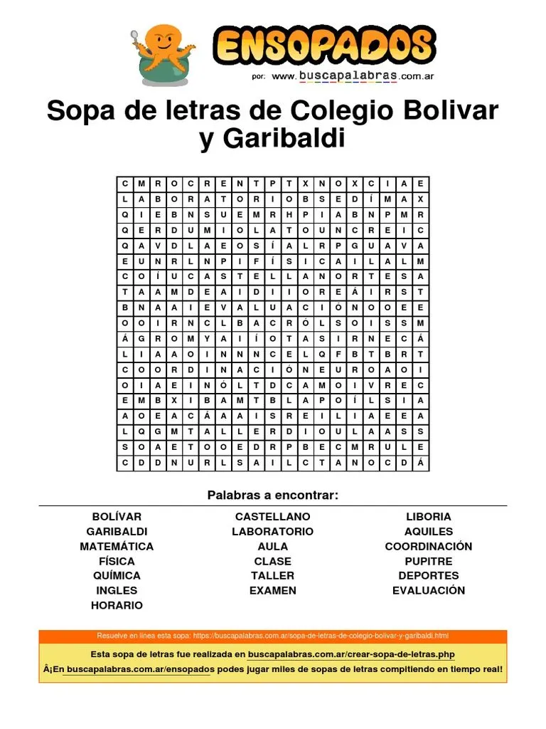 Sopa de Letras de Colegio Bolivar Y-Garibaldi | PDF