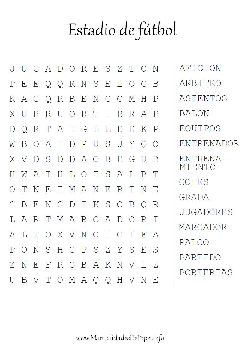 Sopa de letras estadio de fútbol | Manualidades de Papel