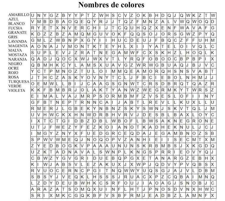 Sopa de letras gigante de Nombres de Colores para imprimir