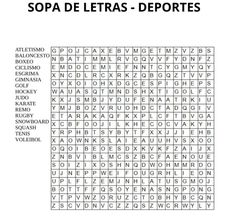 Sopa de letras para imprimir - Nombres de Deportes