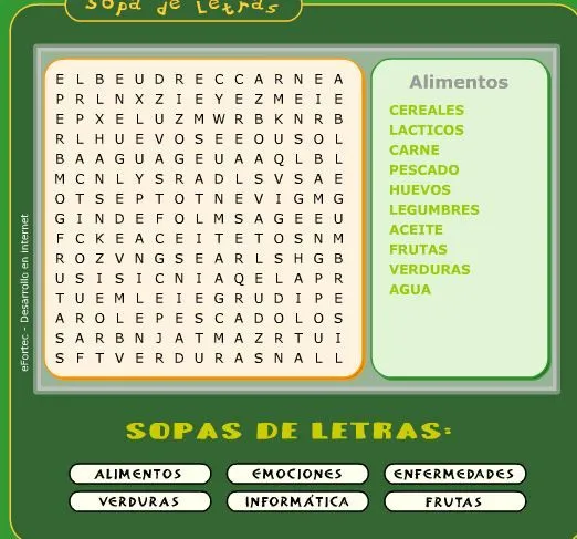 Sopa de letras de alimentos ~ Juegos de hospitales, médicos y ...