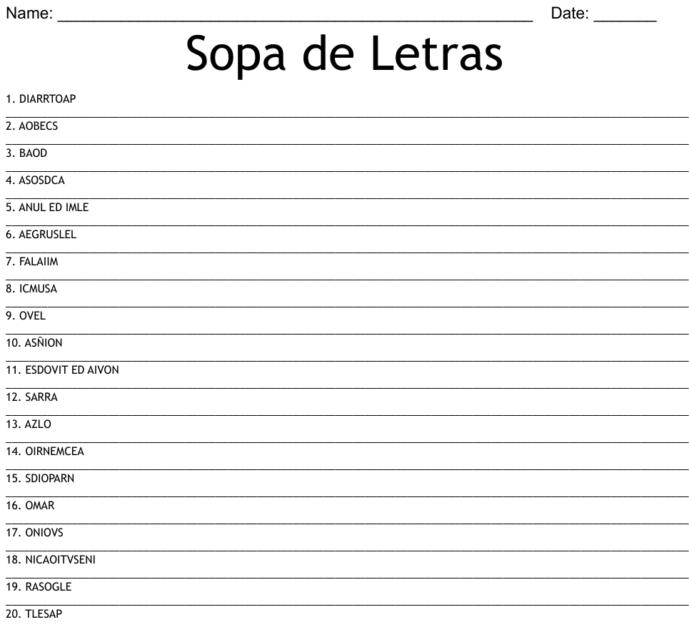 Sopa de Letras Word Scramble - WordMint