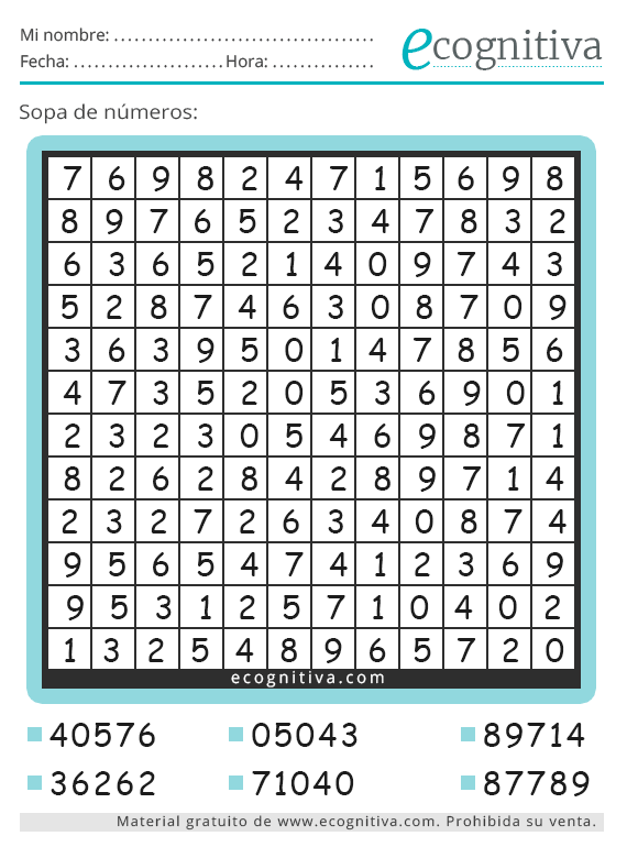 Sopa de Números para Imprimir Gratis - Estimulación Cognitiva PDF