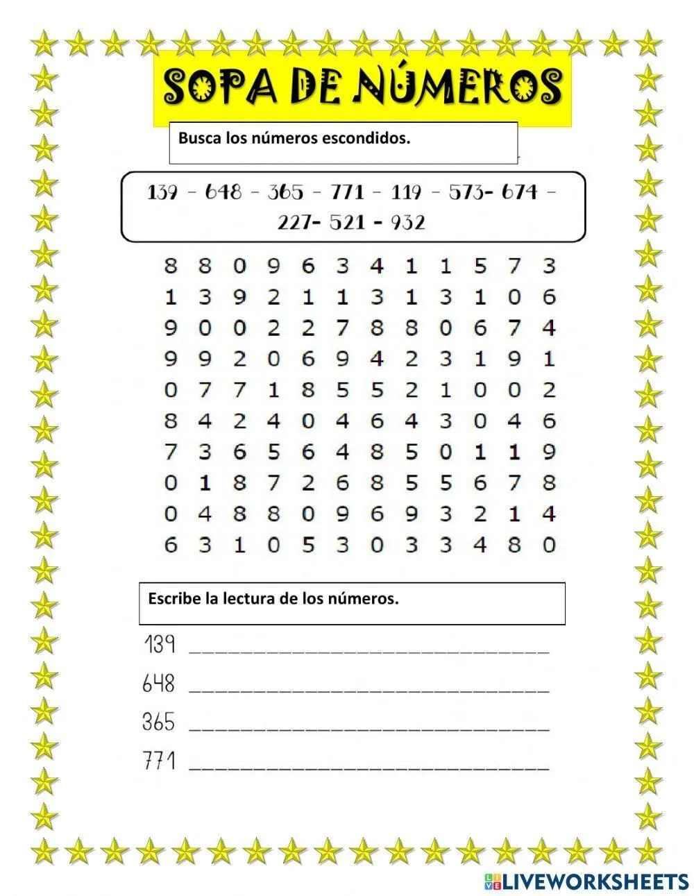 Sopa de números online pdf worksheet | Live Worksheets