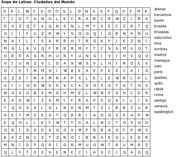 Pasatiempos para Imprimir: Sopa de Letras: Ciudades del Mundo