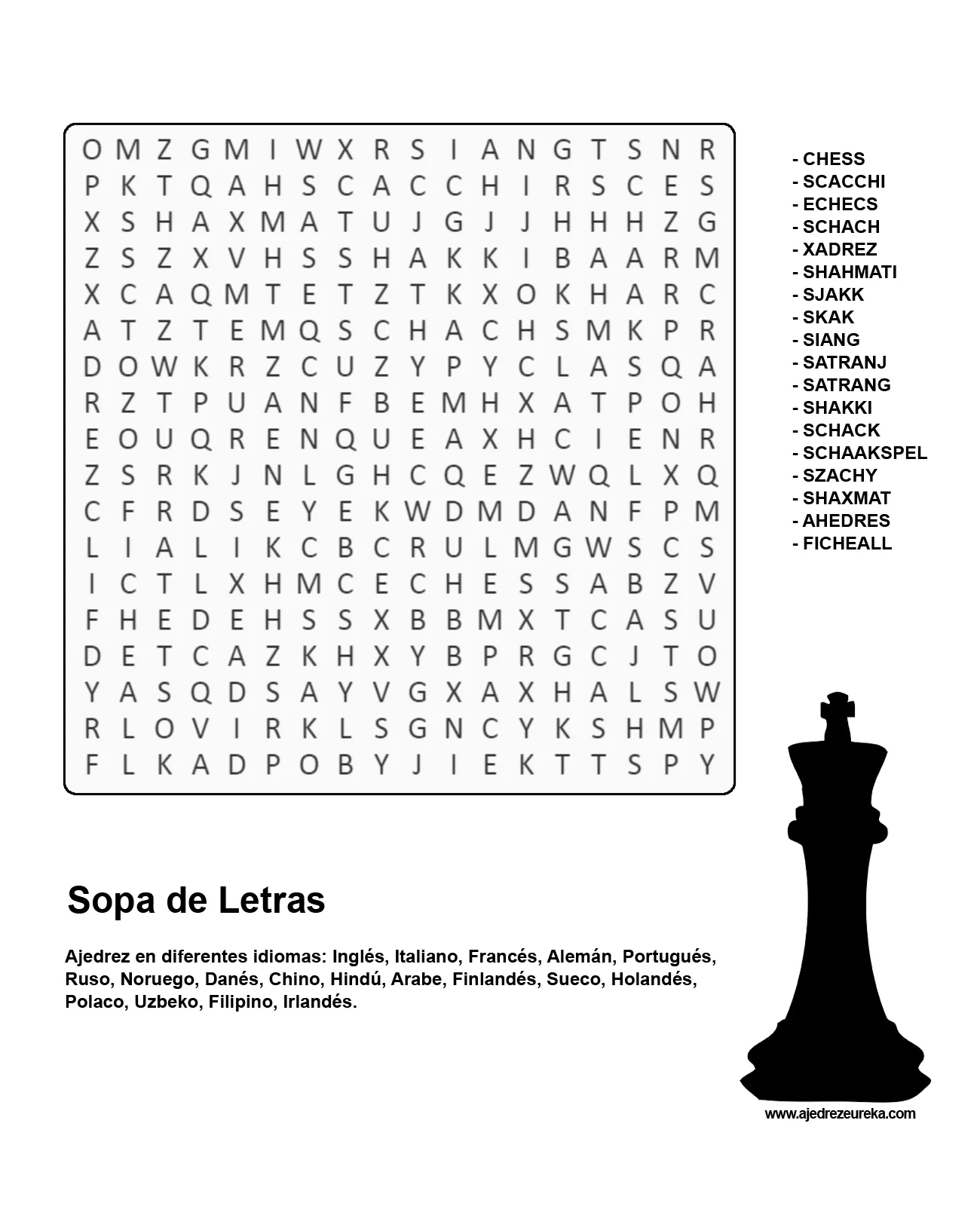 Sopas de letras para imprimir con tema ajedrez