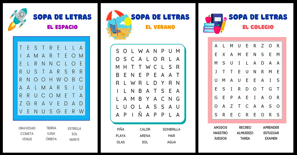 Sopas de letras temáticas para divertirnos durante las vacaciones