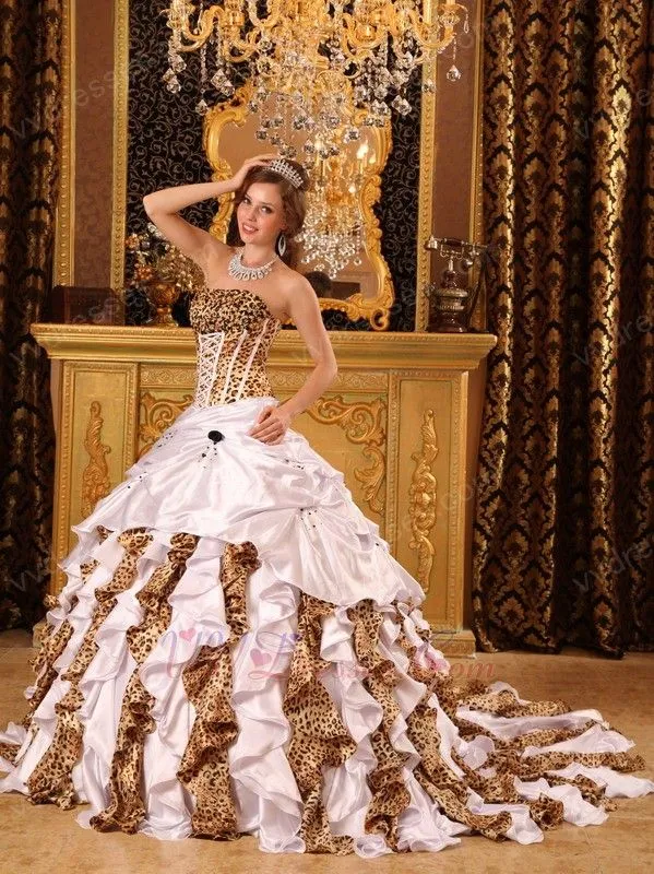 Stylish Ball Gown Ruffles White And Leopard Print La Quinceanera Dress