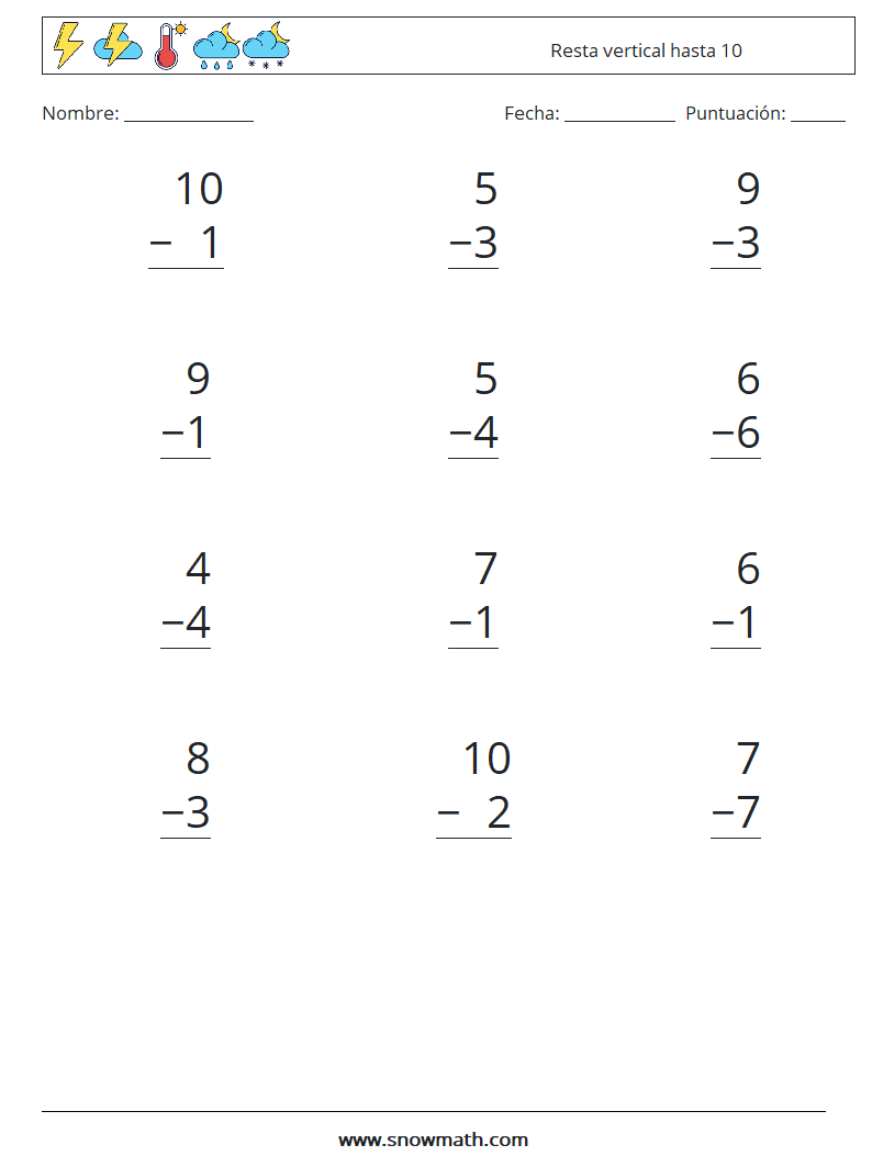 subtraction-10 subtraction Hojas de trabajo, Hojas de trabajo de  matemáticas, Ejercicios de matemáticas