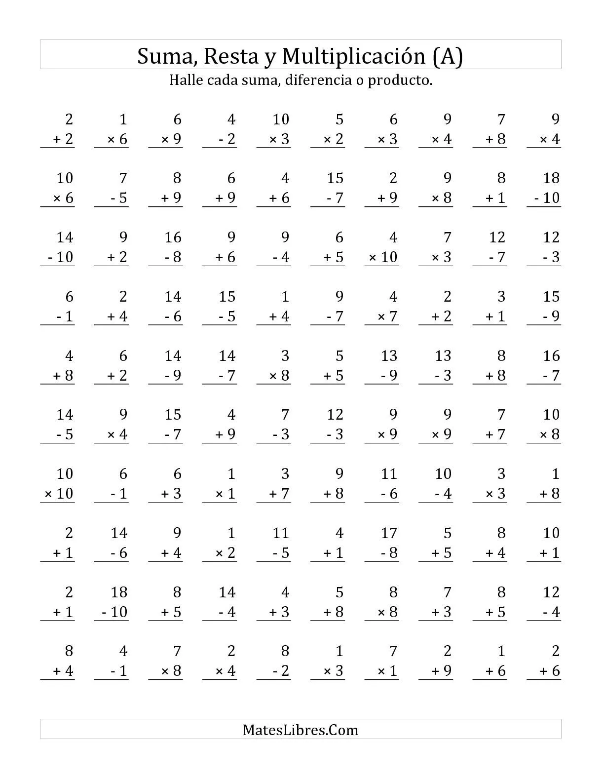 Sumar, Restar y Multiplicar, Rango de 1 a 10 (A) Hojas de ...