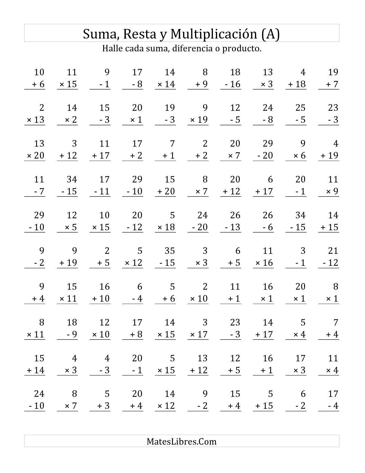 Sumar, Restar y Multiplicar, Rango de 1 a 20 (A) Hojas de ...