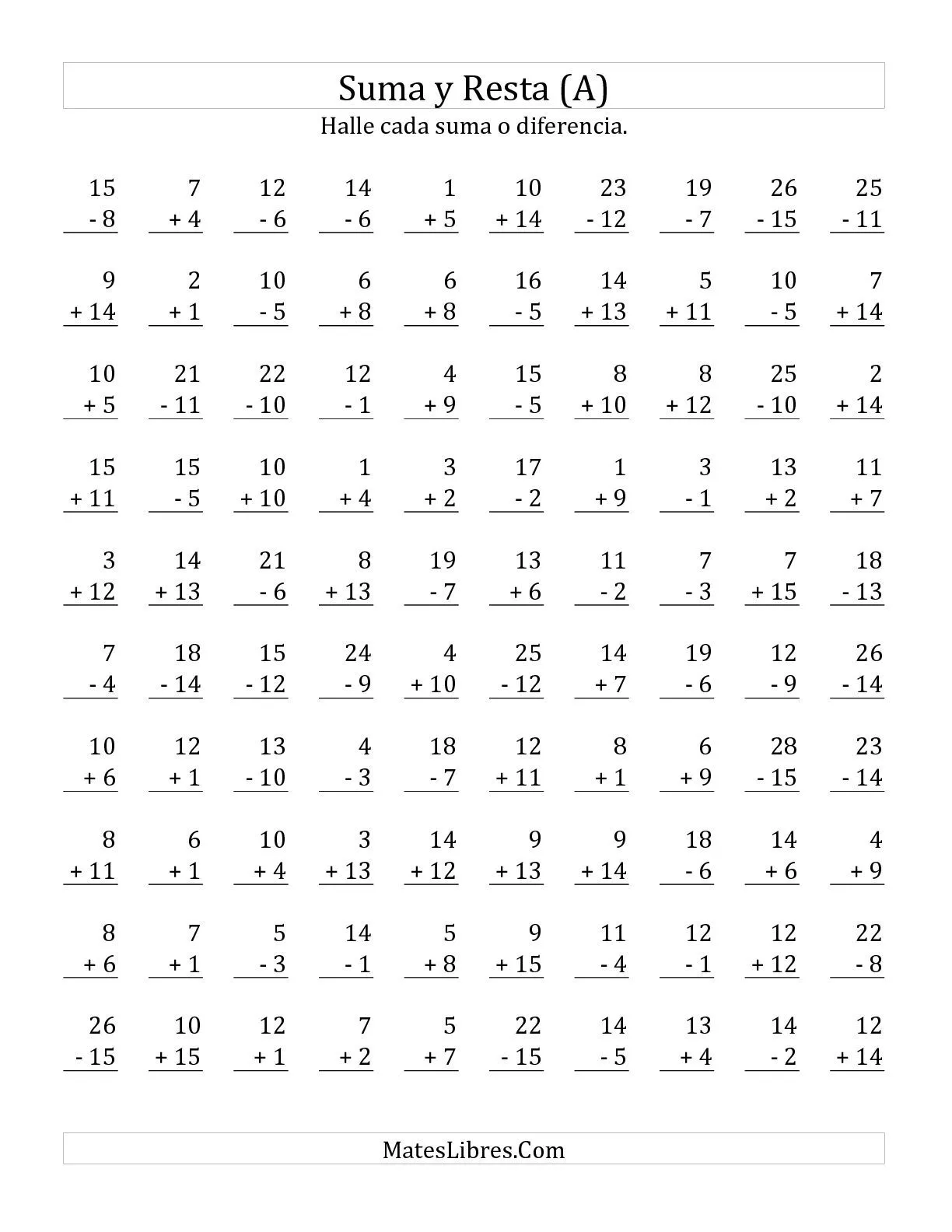 Sumar y Restar, Rango de 1 a 15 (A) Hojas de Ejercicios de ...